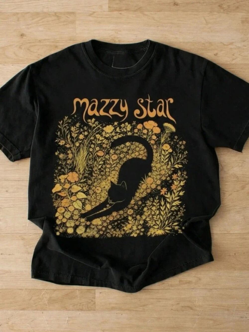 Mazzy Star T-Shirt Stretching Cat Gold Flowers Black Tee